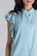 Bluzka damska koszulowa bez rękawów z falbanami błękitna K482