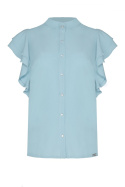 Bluzka damska koszulowa bez rękawów z falbanami błękitna K482