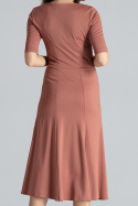 Elegancka sukienka midi rozkloszowana w kliny z wiskozy brązowa K478
