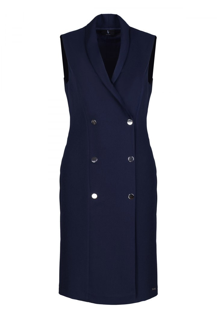 Elegancka sukienka midi dwurzędowa bez rękawów granatowa L044 Elegancka sukienka midi dwurzędowa bez rękawów granatowa L044