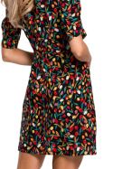 Sukienka trapezowa mini z wiskozy w kwiaty krótki rękaw m6 me522