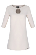 Sukienka trapezowa mini z dekoltem z łezką i rękawem 3/4 beżowa L001