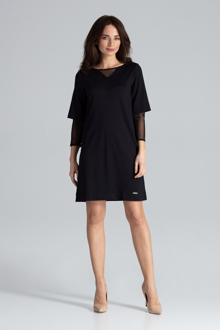 Prosta sukienka midi z wiskozy z długim podwójnym rękawem czarna L015