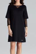 Prosta sukienka midi z wiskozy z długim podwójnym rękawem czarna L015