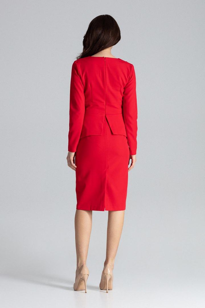 Sukienka w kolano z długim rękawem dekoltem V i klapami czerwona K491