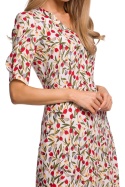 Sukienka trapezowa mini z wiskozy w kwiaty krótki rękaw m5 me522