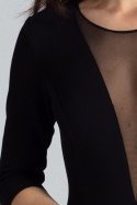 Sukienka ołówkowa dopasowana z tiulowym dekoltem rękaw 3/4 czarna L012