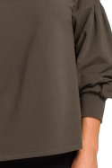 Bluzka damska z długim bufiastym rękawem luźna dzianina oliwkowa S176