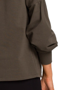 Bluzka damska z długim bufiastym rękawem luźna dzianina oliwkowa S176