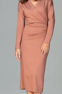 Elegancka sukienka midi z wiskozy z długim rękawem brązowy K477