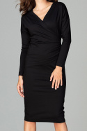 Elegancka sukienka midi z wiskozy z długim rękawem czarna K477