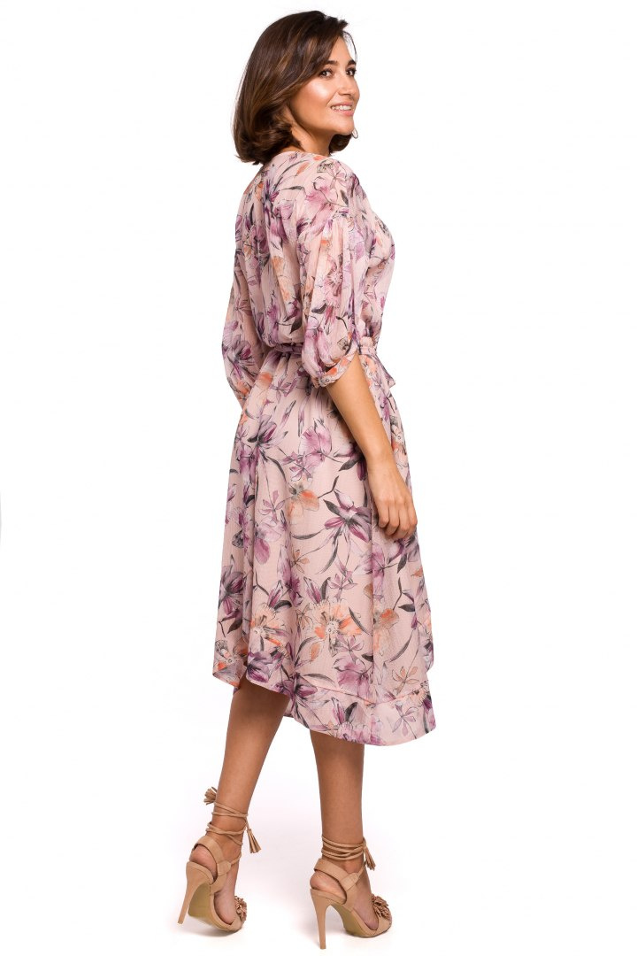 Zwiewna sukienka szyfonowa midi w kwiaty luźna krótki rękaw m2 S226