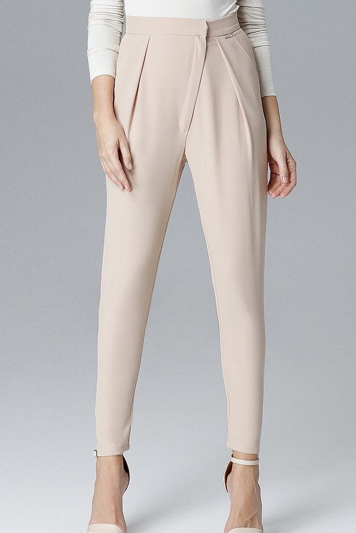 Eleganckie spodnie damskie z wysokim stanem luźne beżowe L018