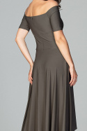 Sukienka asymetryczna maxi z odkrytymi ramionami taliowana oliwkowa K485