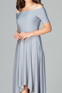 Sukienka asymetryczna maxi z odkrytymi ramionami taliowana szara K485