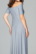 Sukienka asymetryczna maxi z odkrytymi ramionami taliowana szara K485