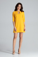 Sukienka trapezowa mini z dekoltem z łezką i rękawem 3/4 żółta L001