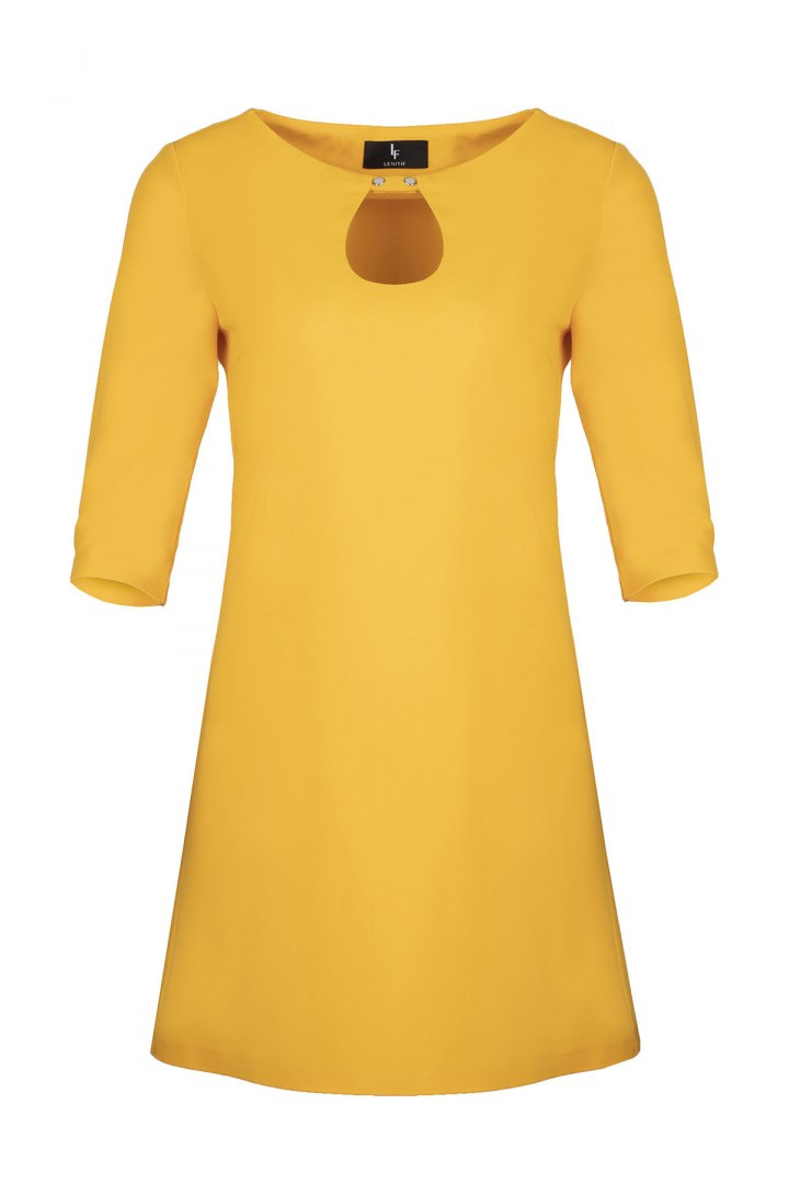 Sukienka trapezowa mini z dekoltem z łezką i rękawem 3/4 żółta L001