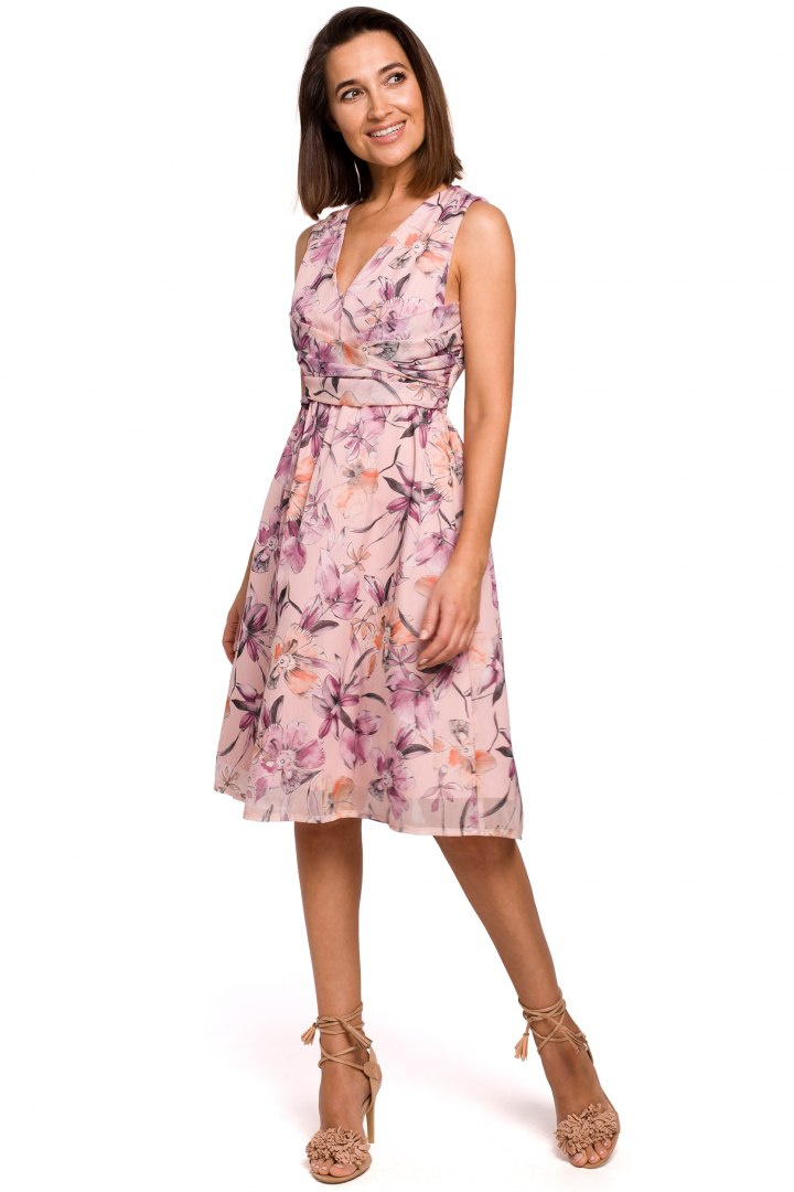 Elegancka sukienka szyfonowa w kwiaty bez rękawów dekolt V m2 S225
