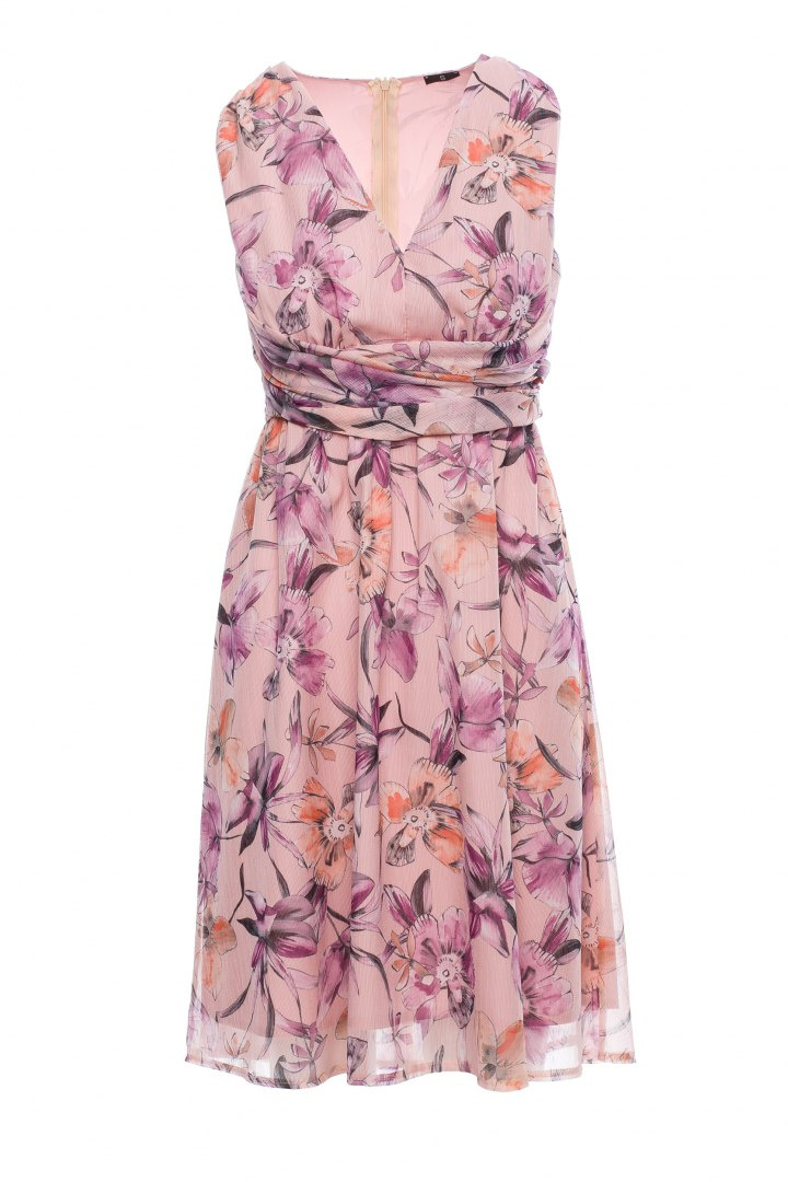 Elegancka sukienka szyfonowa w kwiaty bez rękawów dekolt V m2 S225