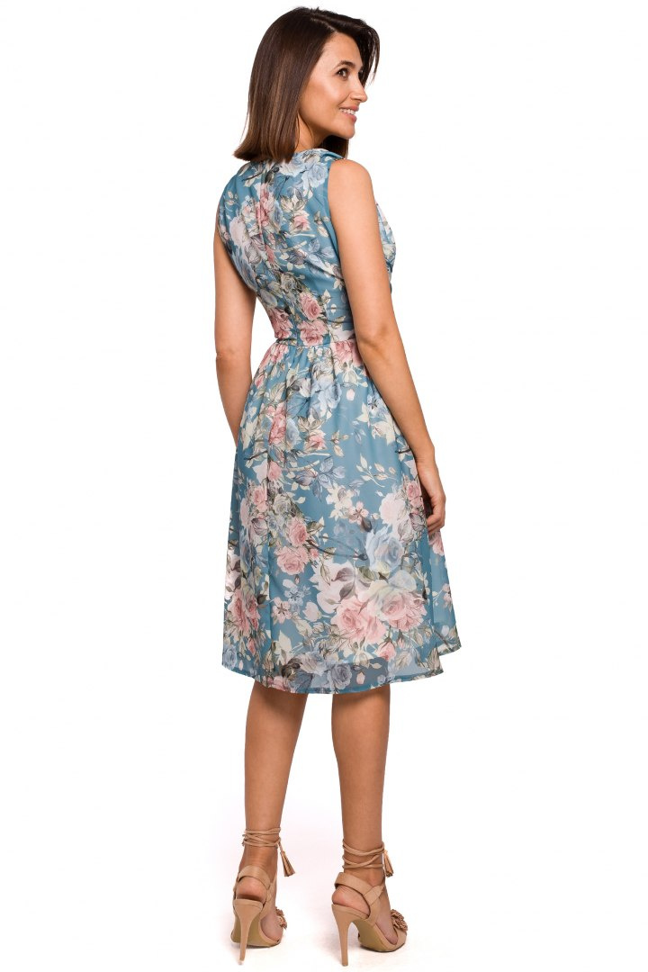 Elegancka sukienka szyfonowa w kwiaty bez rękawów dekolt V m4 S225