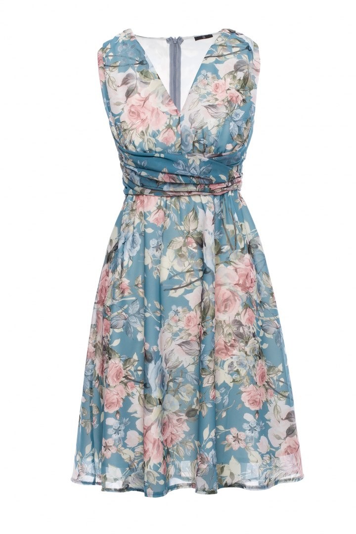 Elegancka sukienka szyfonowa w kwiaty bez rękawów dekolt V m4 S225