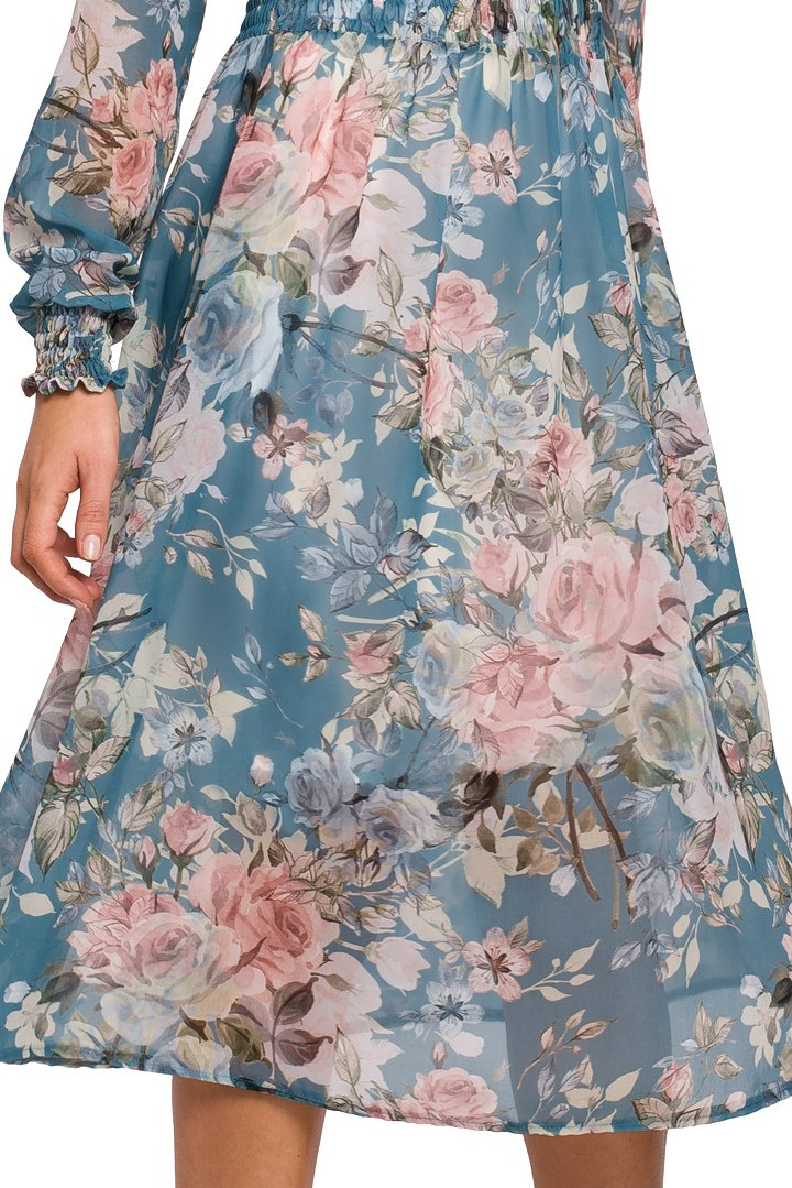 Sukienka szyfonowa midi z gumką w kwiaty fason A długi rękaw m4 S213
