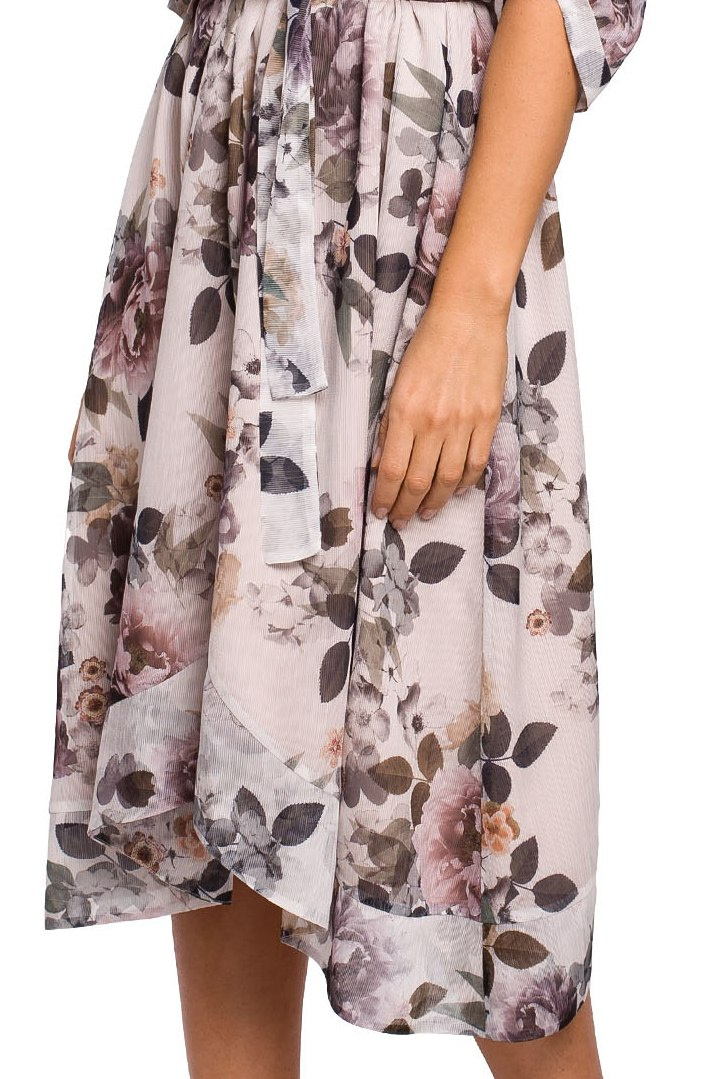 Zwiewna sukienka szyfonowa midi w kwiaty luźna krótki rękaw m1 S226