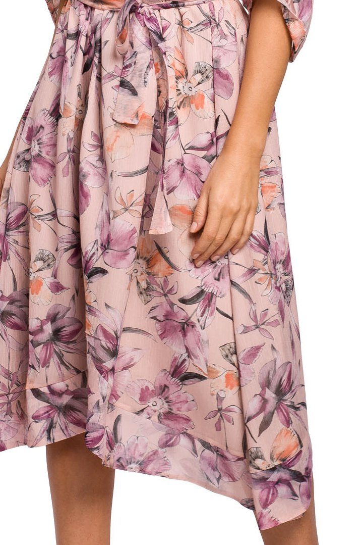 Zwiewna sukienka szyfonowa midi w kwiaty luźna krótki rękaw m2 S226