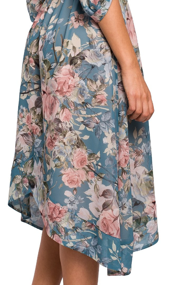 Zwiewna sukienka szyfonowa midi w kwiaty luźna krótki rękaw m4 S226