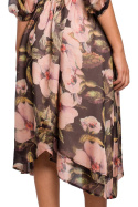 Zwiewna sukienka szyfonowa midi w kwiaty luźna krótki rękaw m3 S226
