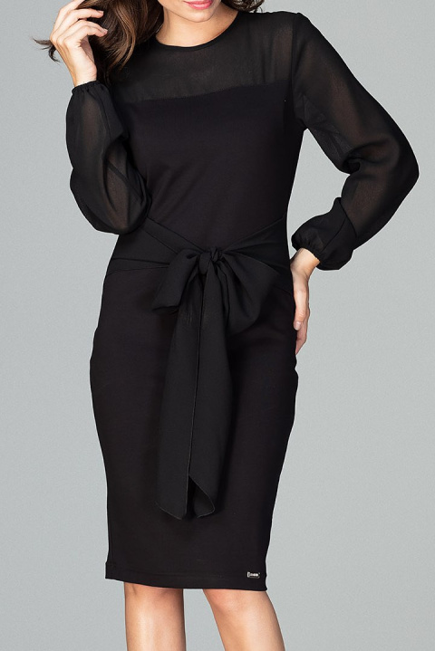Elegancka sukienka midi z wiskozy z kokardą i długim rękawem czarna K494 Elegancka sukienka midi z wiskozy z kokardą i długim rękawem czarna K494