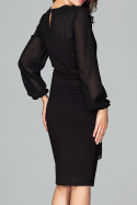 Elegancka sukienka midi z wiskozy z kokardą i długim rękawem czarna K494