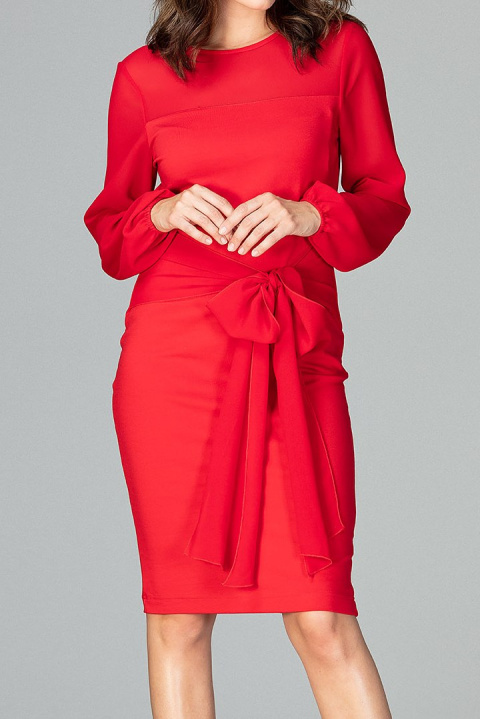 Elegancka sukienka midi z wiskozy z kokardą i długim rękawem czerwona K494 Elegancka sukienka midi z wiskozy z kokardą i długim rękawem czerwona K494