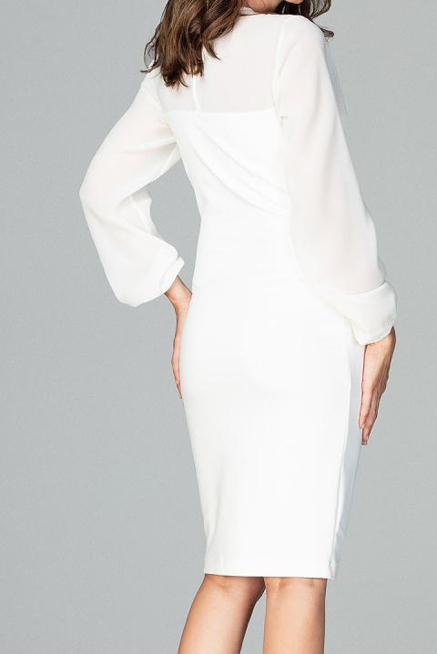 Elegancka sukienka midi z wiskozy z kokardą i długim rękawem ecru K494 Elegancka sukienka midi z wiskozy z kokardą i długim rękawem ecru K494