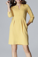 Sukienka mini z wiskozą rękawem 3/4 i dekoltem V żółta L004