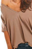 Luźna bluzka damska z krótkim rękawem i dekoltem V beżowa M203