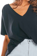 Luźna bluzka damska z krótkim rękawem i dekoltem V czarna M203