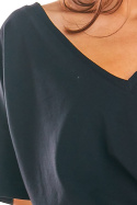Luźna bluzka damska z krótkim rękawem i dekoltem V czarna M203