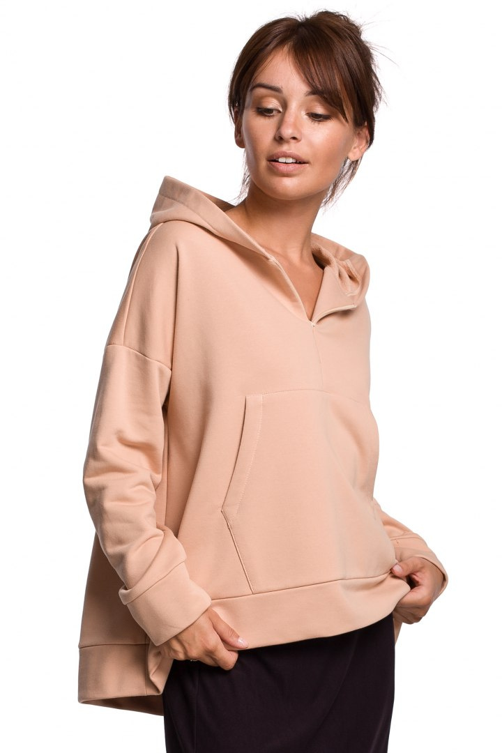 Bluza damska z kapturem i kieszenią kangurek dzianina beżowa B166 Bluza damska z kapturem i kieszenią kangurek dzianina beżowa B166