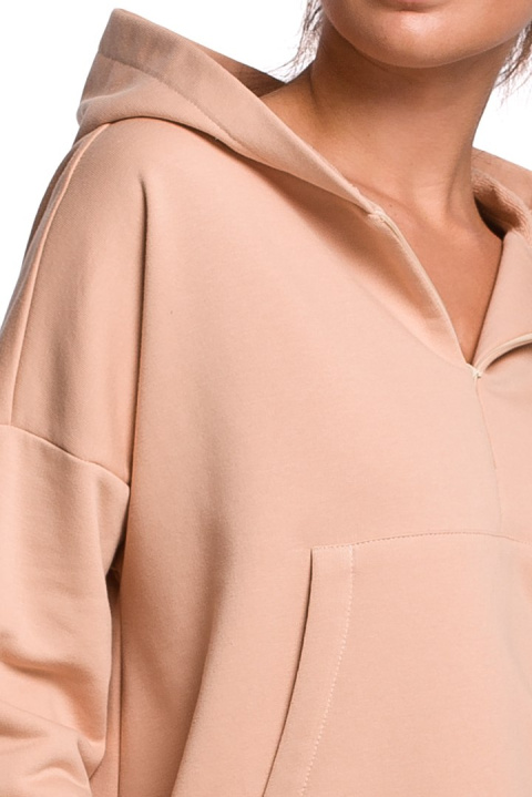Bluza damska z kapturem i kieszenią kangurek dzianina beżowa B166 Bluza damska z kapturem i kieszenią kangurek dzianina beżowa B166
