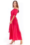 Letnia sukienka maxi hiszpanka z wiskozy odkryte ramiona różowa A357
