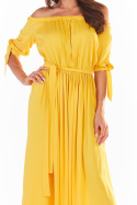 Letnia sukienka maxi hiszpanka z wiskozy odkryte ramiona żółta A357