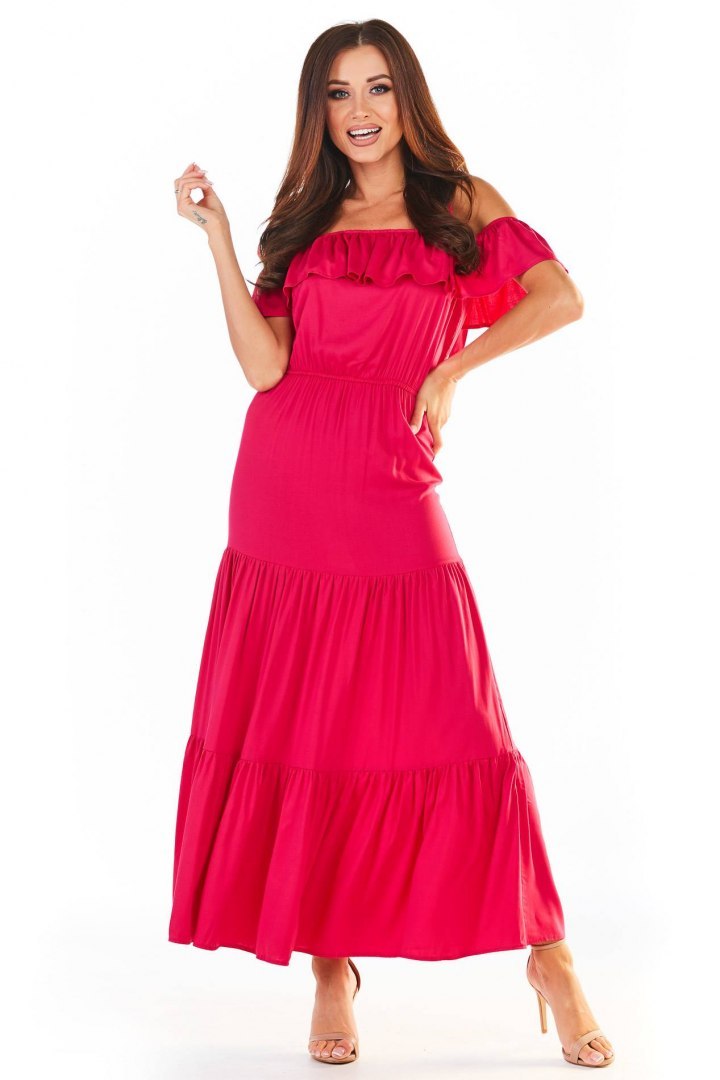 Letnia sukienka maxi hiszpanka z wiskozy na ramiączkach różowa A358