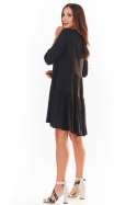 Letnia sukienka mini rozkloszowana z wiskozy rękaw 3/4 czarna A359