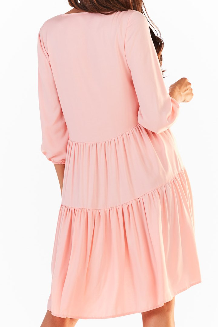 Letnia sukienka mini rozkloszowana z wiskozy rękaw 3/4 różowy A359