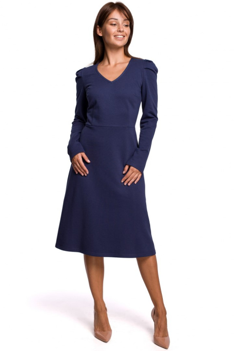 Elegancka sukienka midi z długim rękawem fason A dekolt V niebieska B162 Elegancka sukienka midi z długim rękawem fason A dekolt V niebieska B162