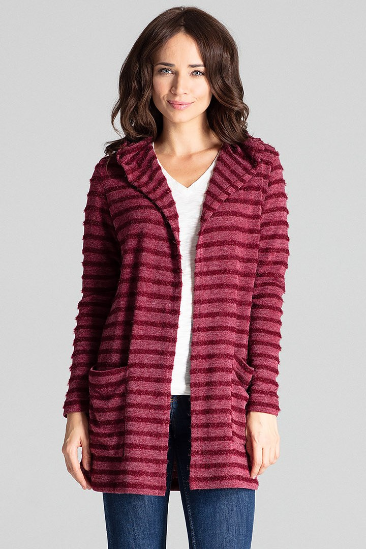 Sweter damski z kapturem z dzianiny w ozdobne paski bordowy L070 Sweter damski z kapturem z dzianiny w ozdobne paski bordowy L070
