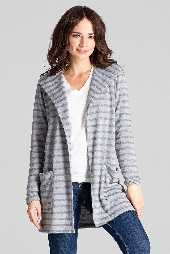 Sweter damski z kapturem z dzianiny w ozdobne paski szary L070 Sweter damski z kapturem z dzianiny w ozdobne paski szary L070