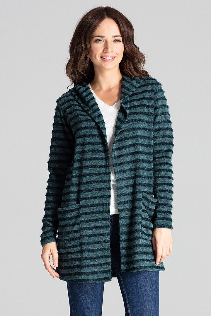 Sweter damski z kapturem z dzianiny w ozdobne paski zielony L070 Sweter damski z kapturem z dzianiny w ozdobne paski zielony L070